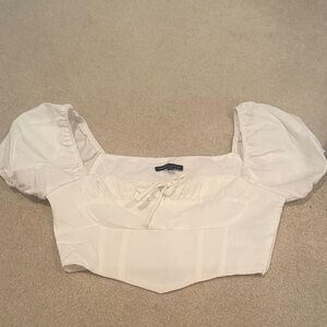 Kendall & Kylie Cream Puff Sleeve Lace-Up Crop Top